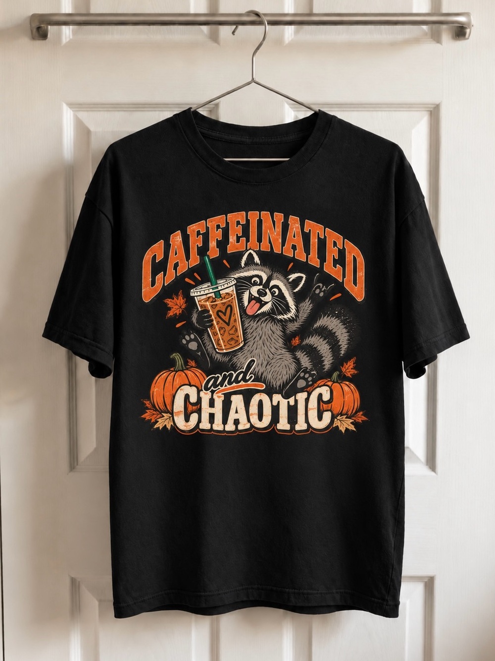 Caffeinated Chaotic Raccoon Iced Coffee Fall Pumpkin Womens Graphic Reprint Tee